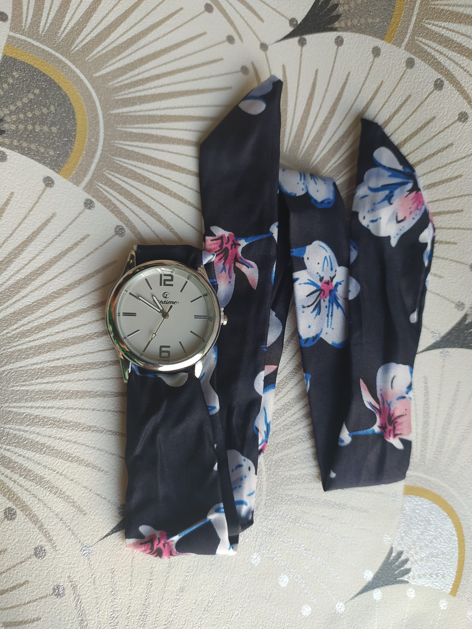 Montre foulard fleurie bleu nuit 1