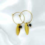 boucles d'oreilles en acier inoxydable doré pendentif ovale et perle noir