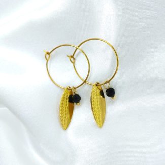 boucles d'oreilles en acier inoxydable doré pendentif ovale et perle noir