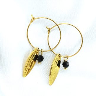 boucles d'oreilles en acier inoxydable doré pendentif ovale et perle noir