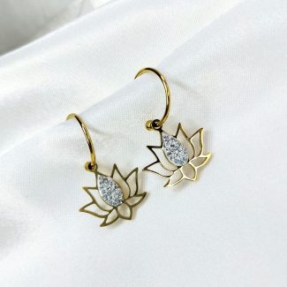 boucles d'oreilles fleur de lotus doré et strass blanc
