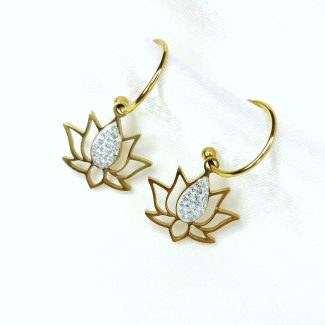 boucles d'oreilles fleur de lotus doré et strass blanc
