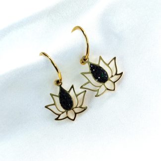 boucles d'oreilles fleur de lotus doré et strass noir