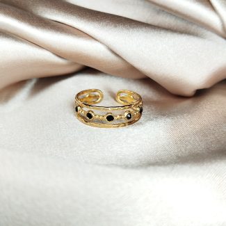 Bague en acier inoxydable doré orné de strass noir